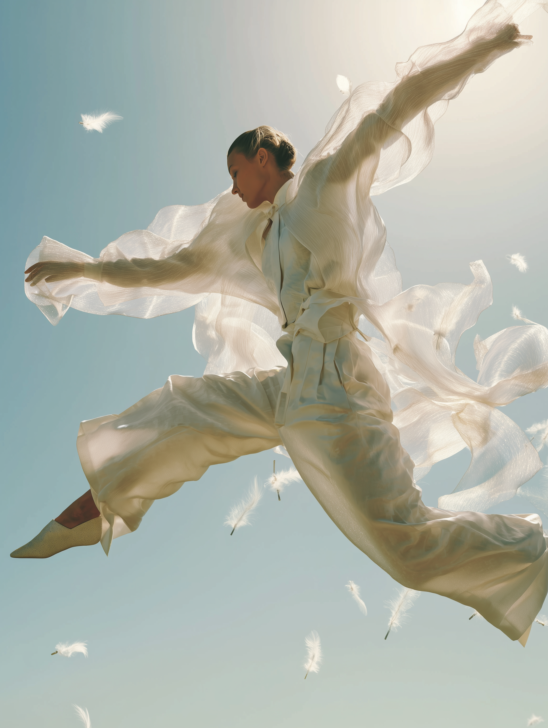 Ethereal Spring Fashion Photograph of a Model Leaping in White