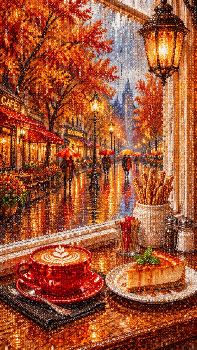 Rainy Café Window in 3D Diamond Mosaic