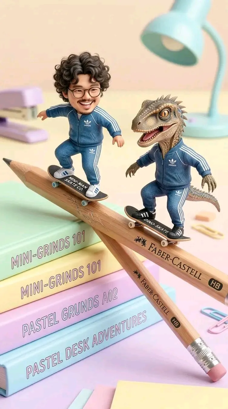 Miniature Skateboarders Grinding on a Giant Pencil