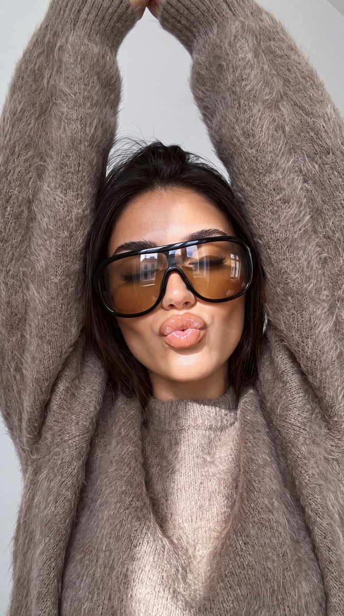 Photorealistic Close-Up Selfie in an Oversized Taupe Sweater