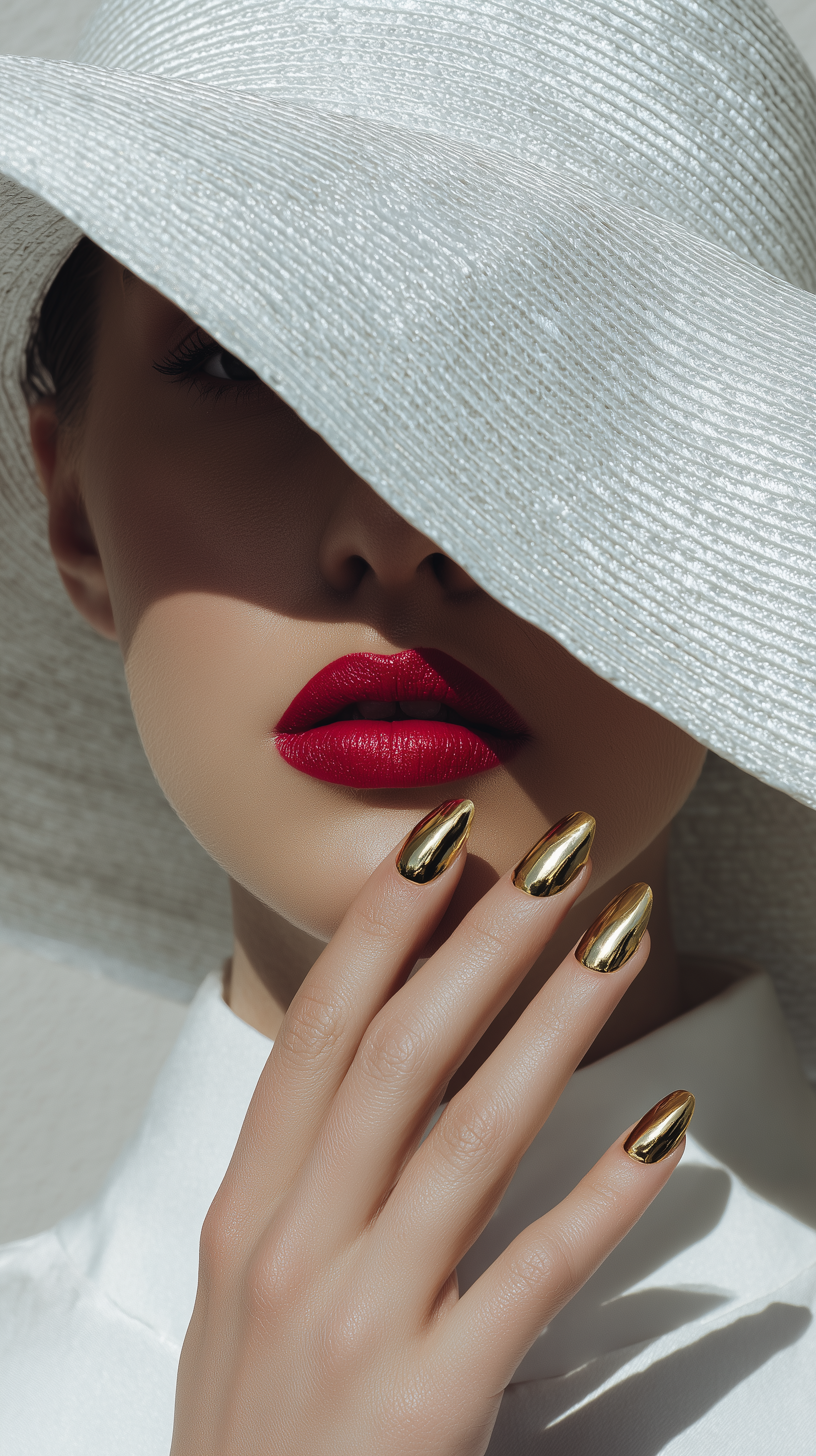 Cinematic Close-Up Portrait with Gold Chrome Nails