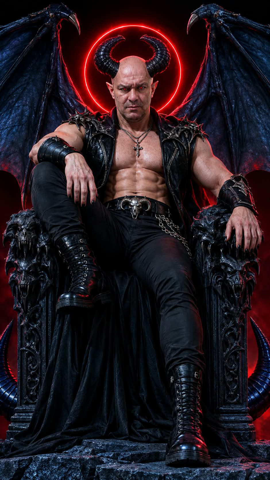 Photorealistic Dark-Fantasy Horned King on a Gothic Throne