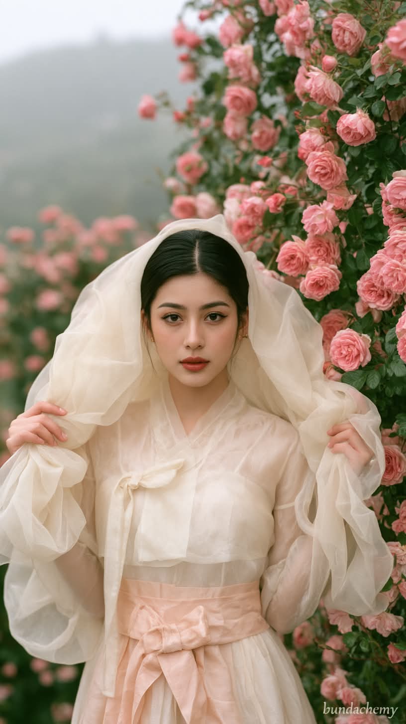 Cinematic Hanbok Portrait Among Pink Roses