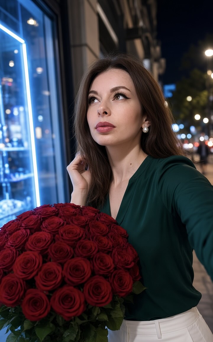 Nighttime Neon Portrait with Red Roses output 1
