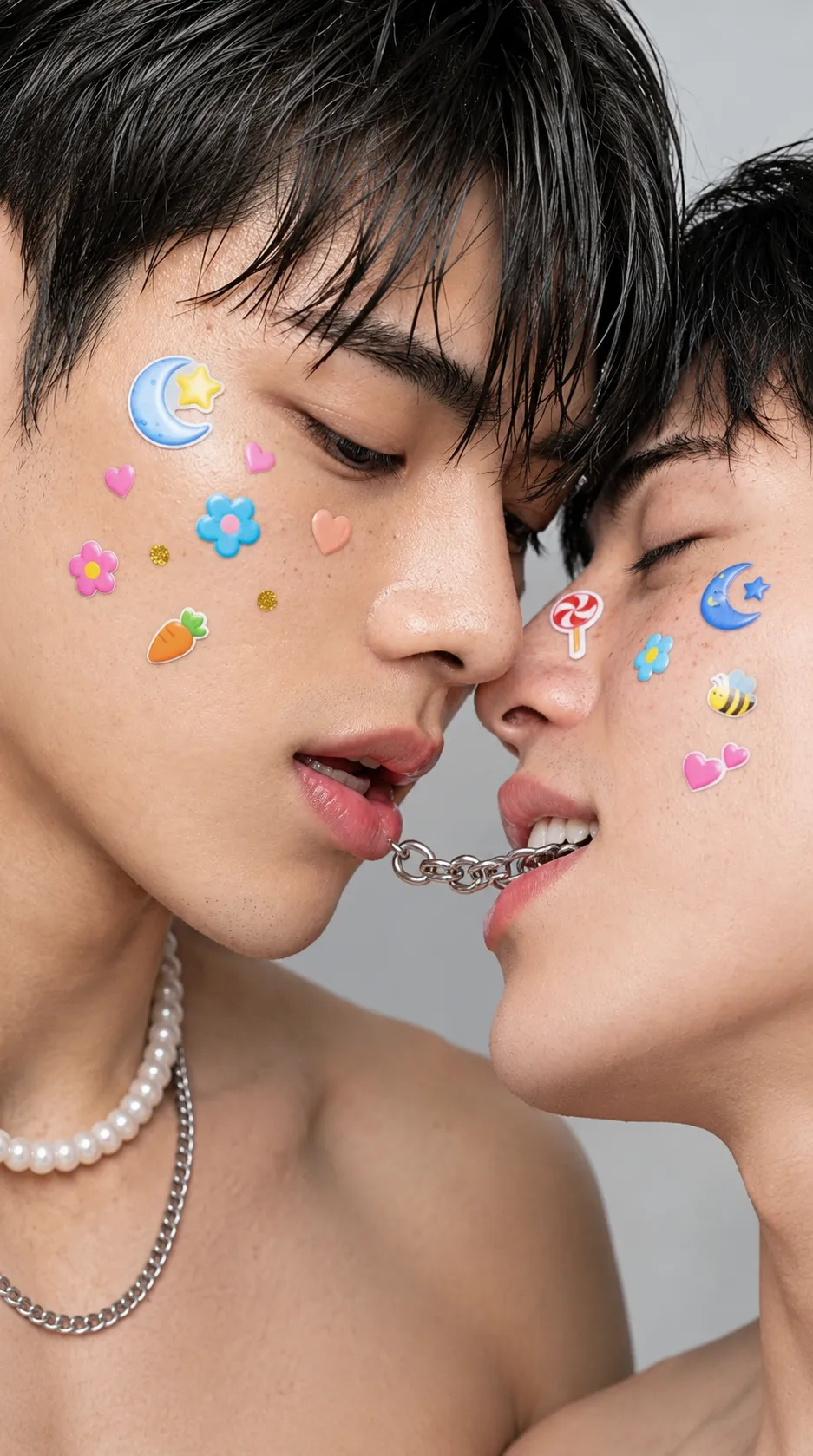 Intimate Macro Portrait of Two Men with Face Stickers