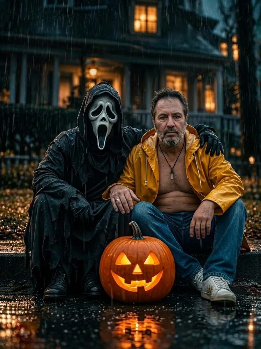 Photorealistic Rainy-Night Portrait with a Halloween Pumpkin