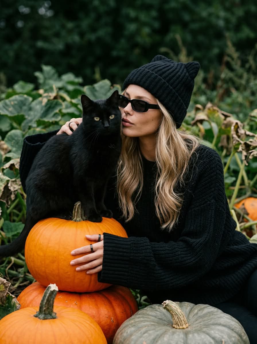 Witchy Autumn Portrait with a Black Cat
