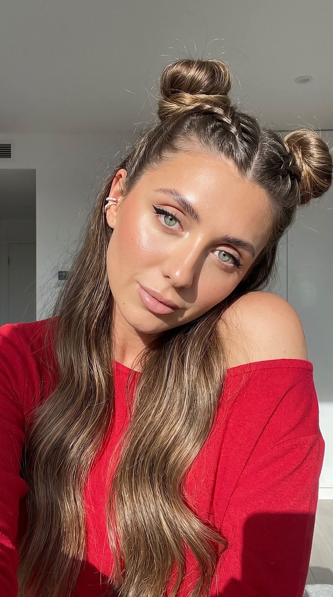 Hyperrealistic Glamour Selfie with Braided Double Buns