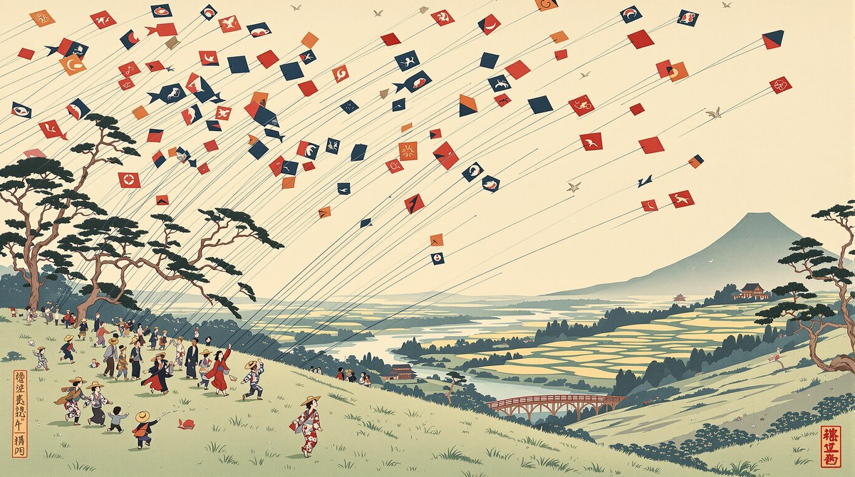 Ukiyo-e Woodblock Print of a Spring Kite Festival
