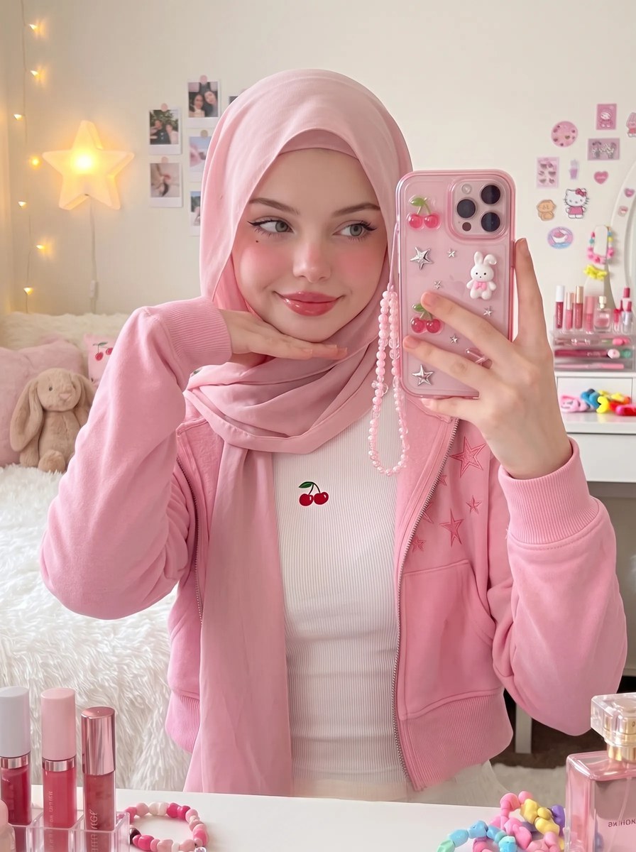Pink Hijab Bedroom Mirror Selfie output 5