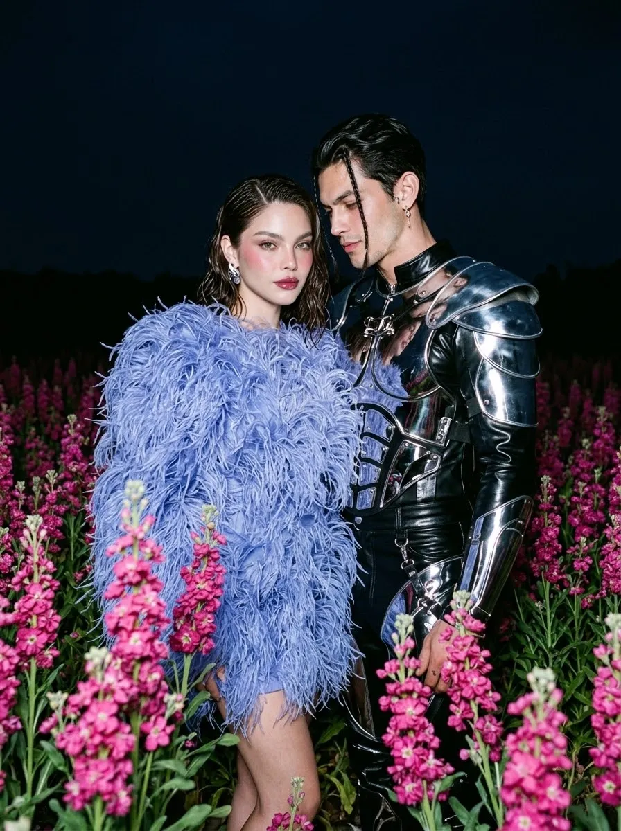 Pink Flower Field Couple Portrait with Vintage Flash output 1