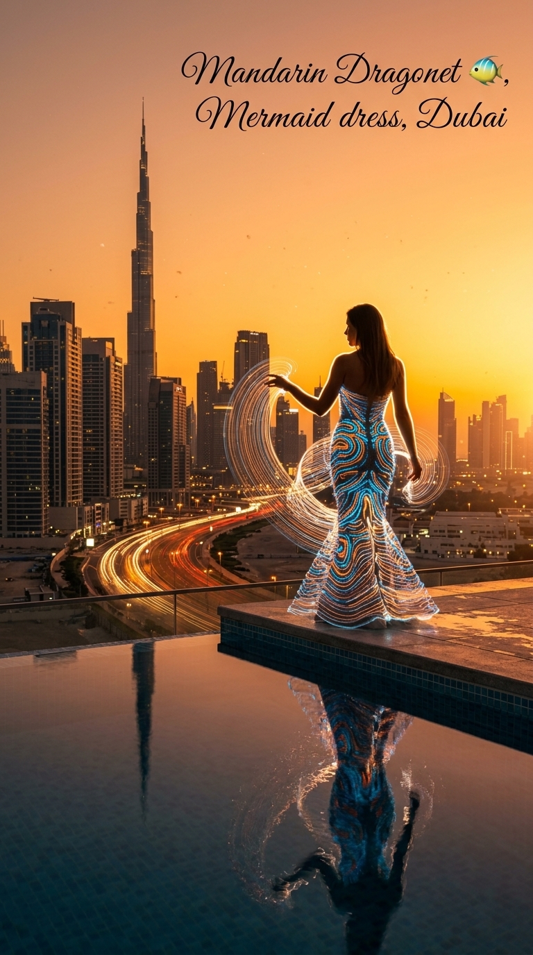 Tropical-Fish-Inspired Dress at a Rooftop Infinity Pool output 4