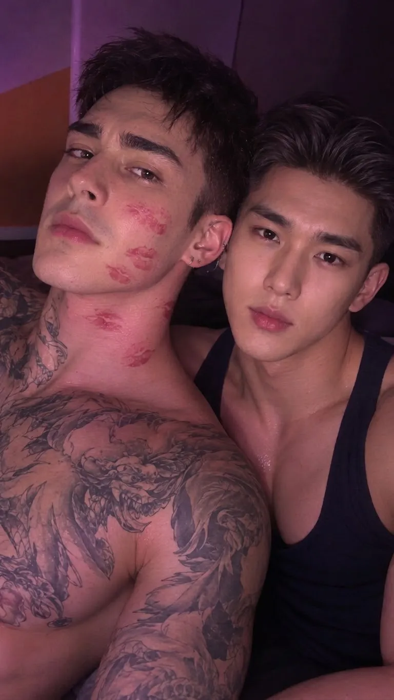 Photorealistic Korean Couple Selfie with Tattoos