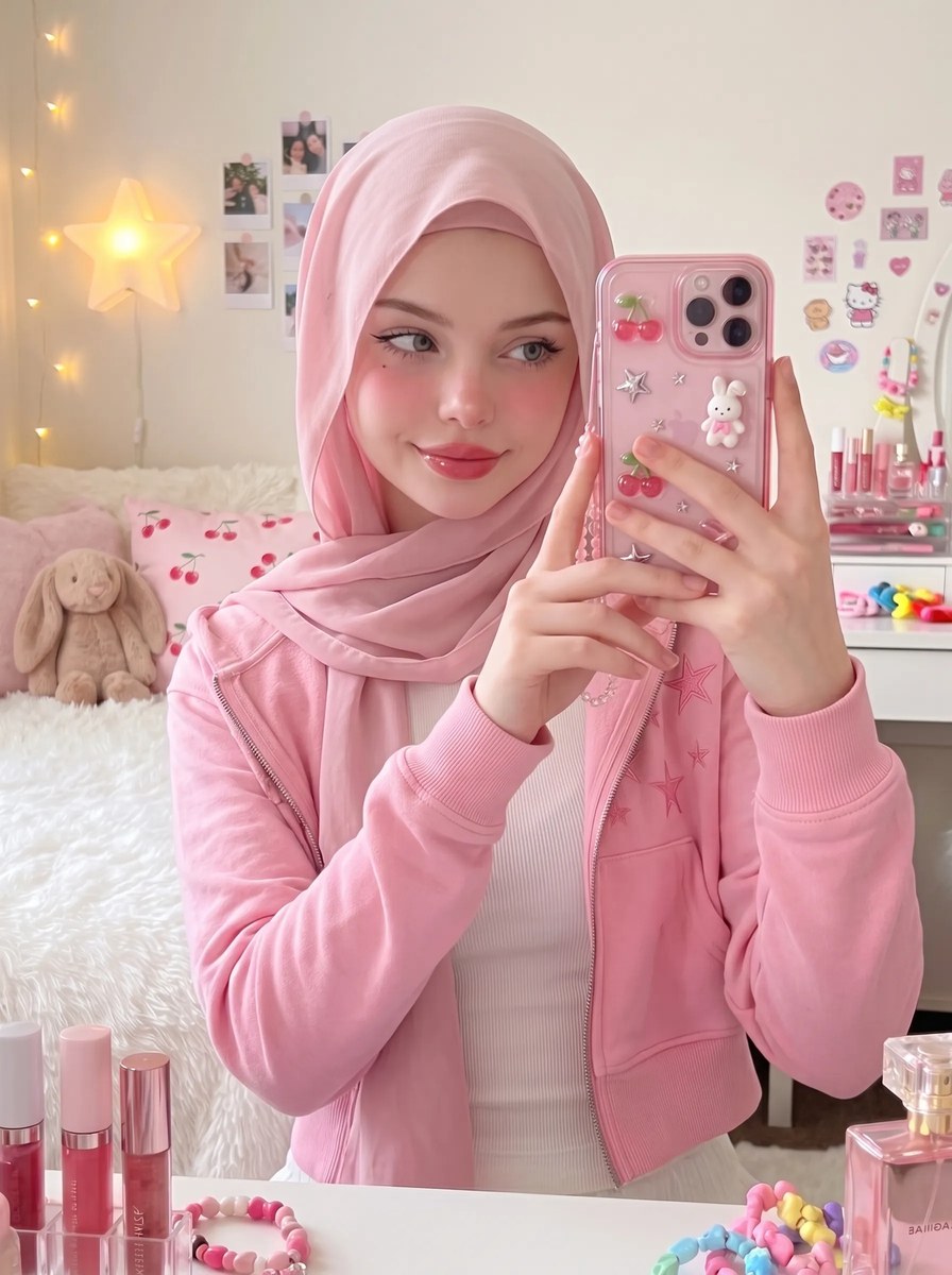 Pink Hijab Bedroom Mirror Selfie output 7