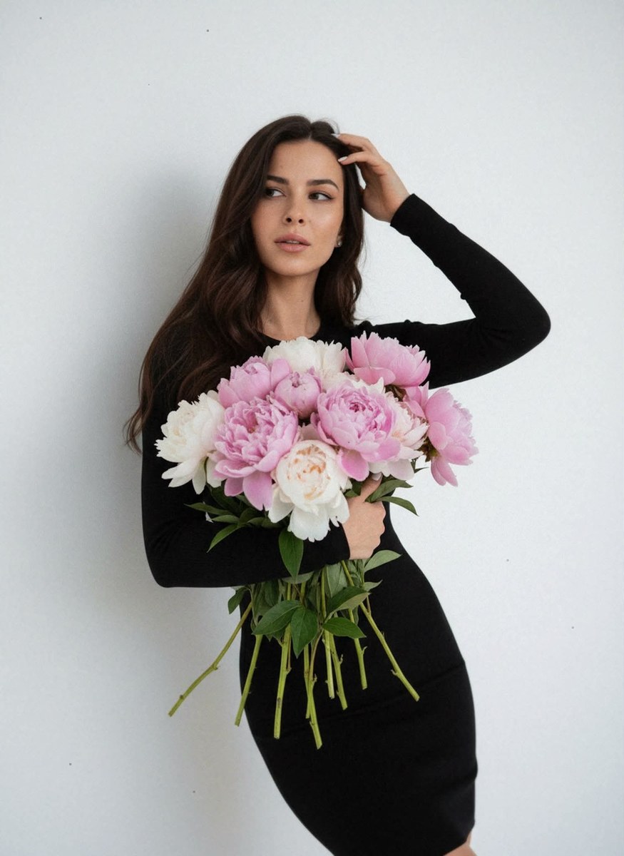 Photorealistic Studio Portrait with Peonies