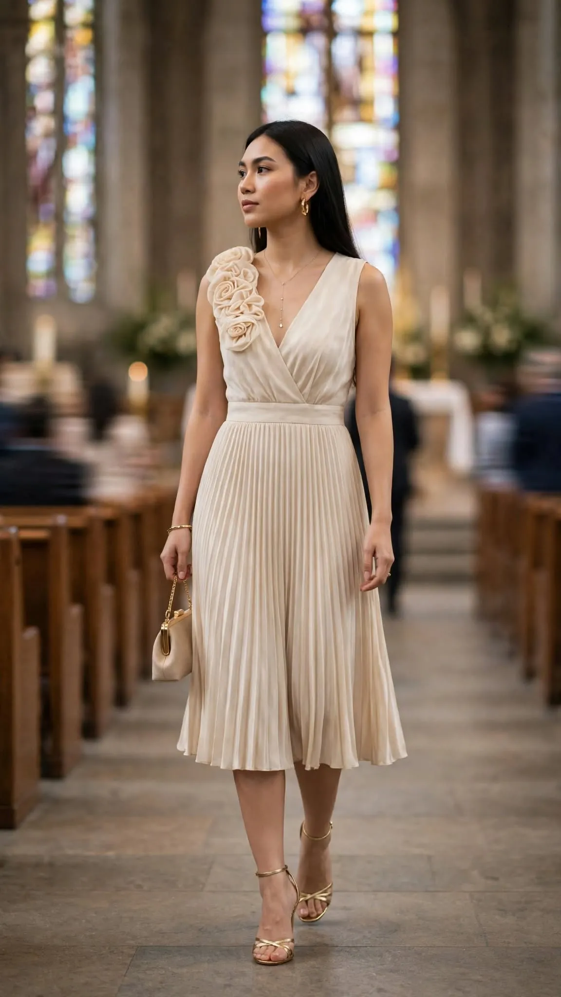 Young Woman Walking Toward a Church
