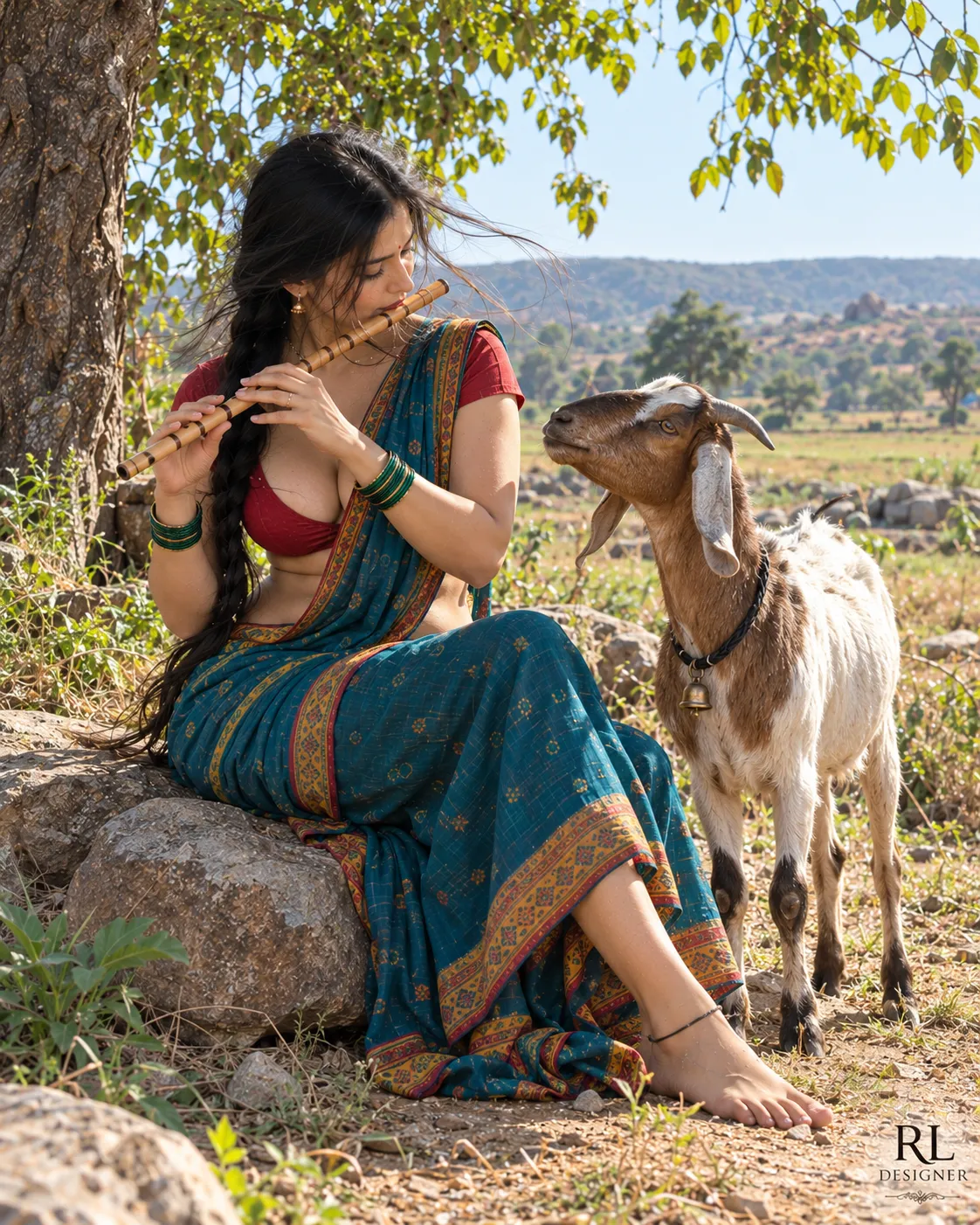 Rural Indian Flute Player Beside a Goat