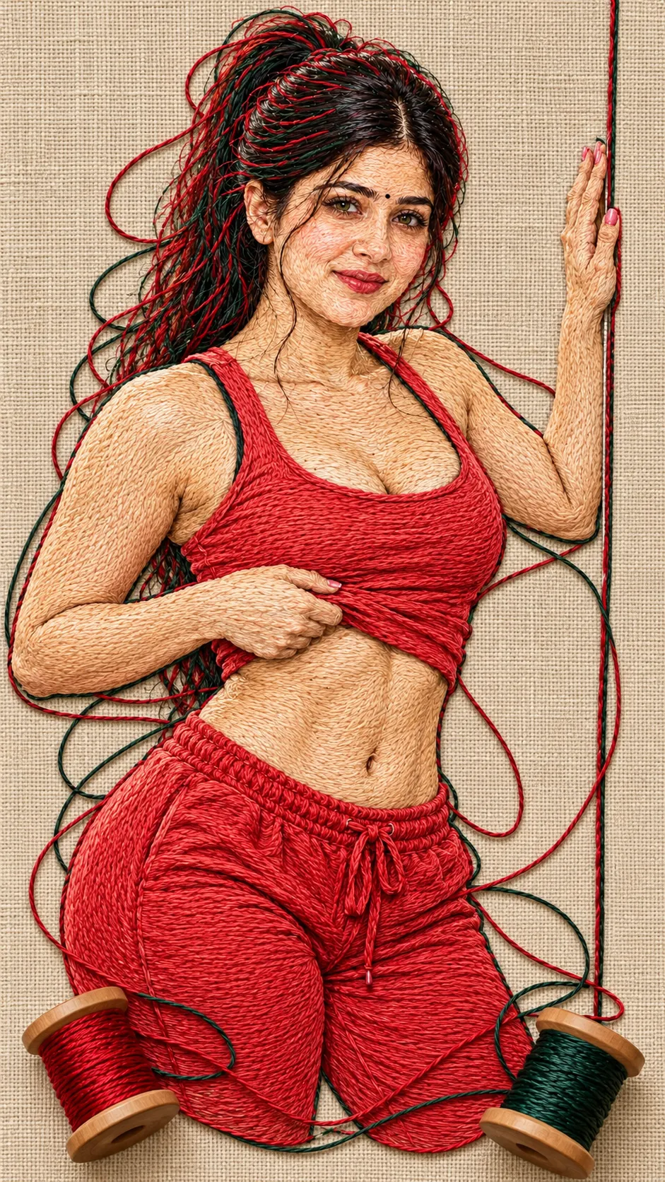 Red and Dark Green Thread Portrait on Linen output 2