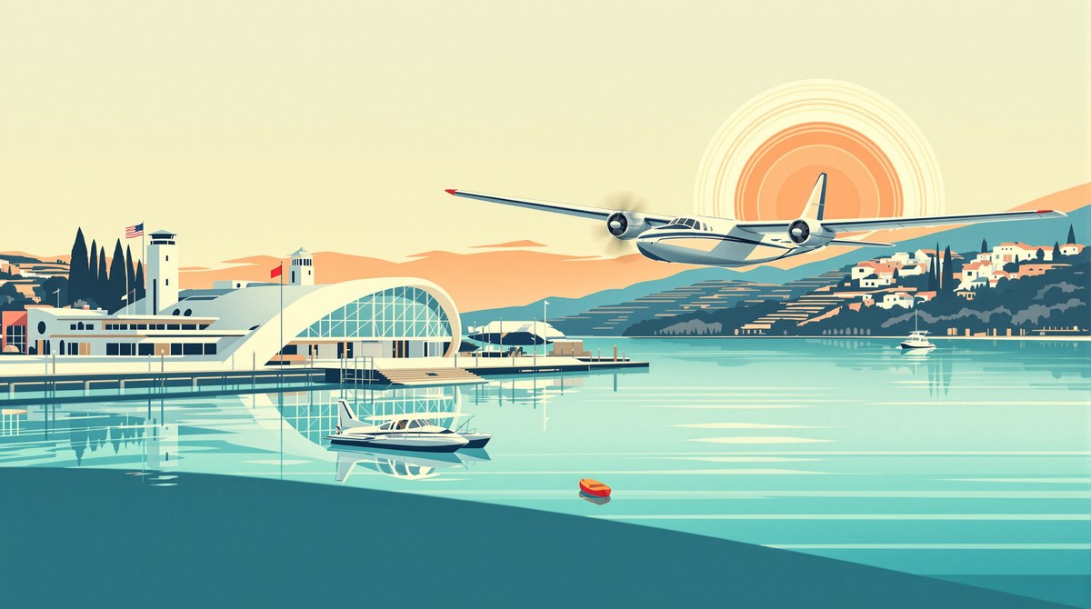 Art Deco Travel Poster of a Seaplane Harbor at Dawn