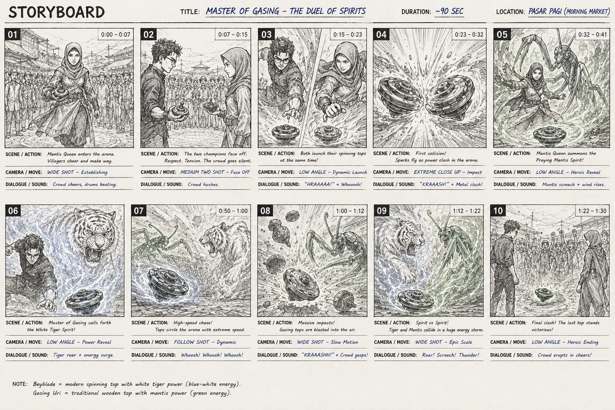 Gasing Arena: Tiger vs. Mantis — Fantasy Battle Storyboard