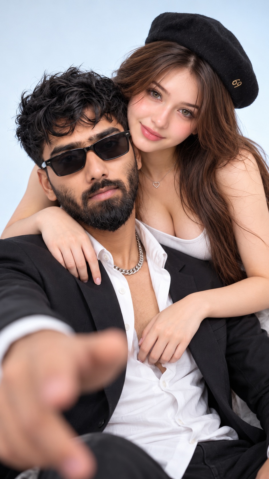 Close-Up Couple Selfie in Black Beret and Blazer