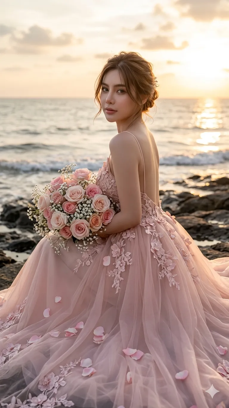 Golden-Hour Shoreline Portrait in a Pink Gown output 1
