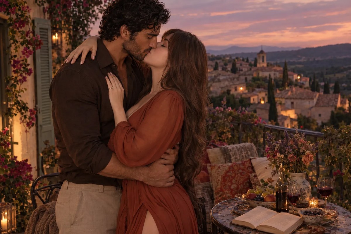 Romantic Kiss on a Provence Balcony