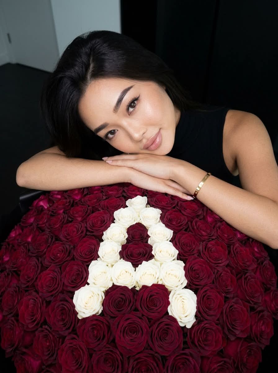 Evening Portrait with a Burgundy Rose Bouquet