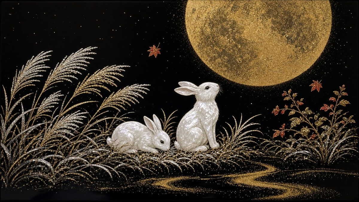 Japanese Maki-e Gold Lacquer Panel of Moon-Viewing Rabbits in Pampas Grass