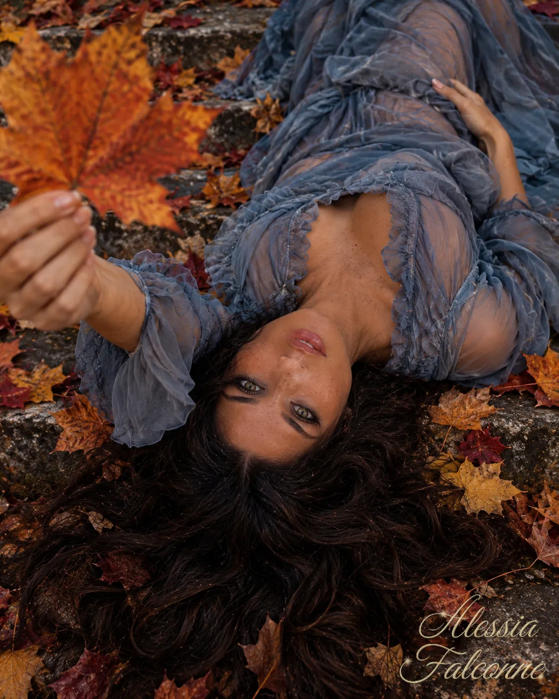 Autumn Editorial Portrait on a Leaf-Covered Stone Staircase output 1