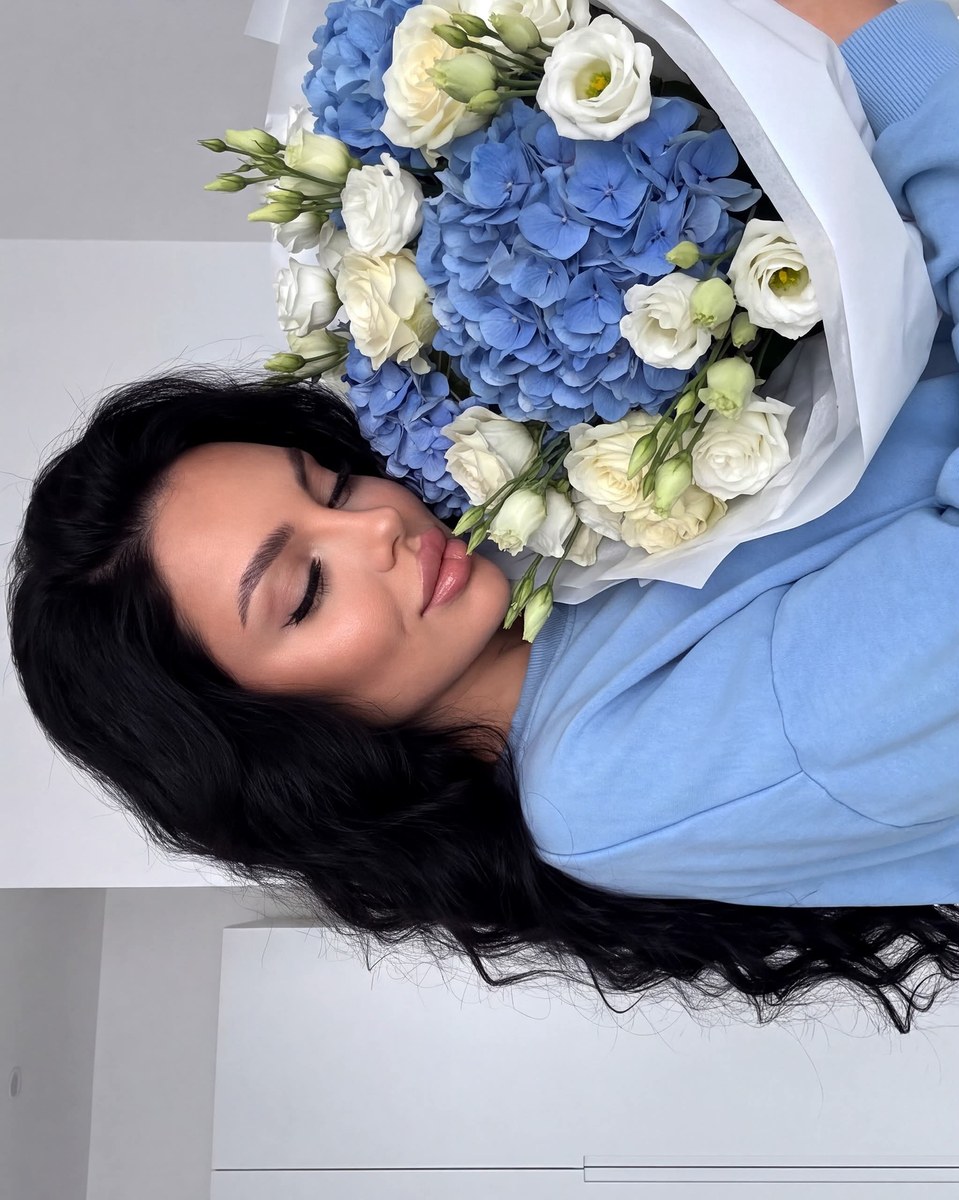 Two-View Selfie with a Blue Hydrangea Bouquet output 2