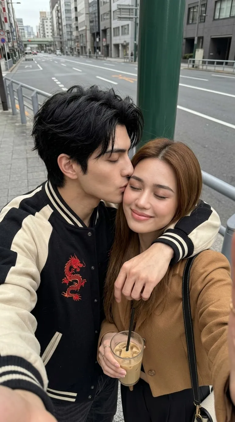 Candid City Couple Selfie with a Cheek Kiss output 2