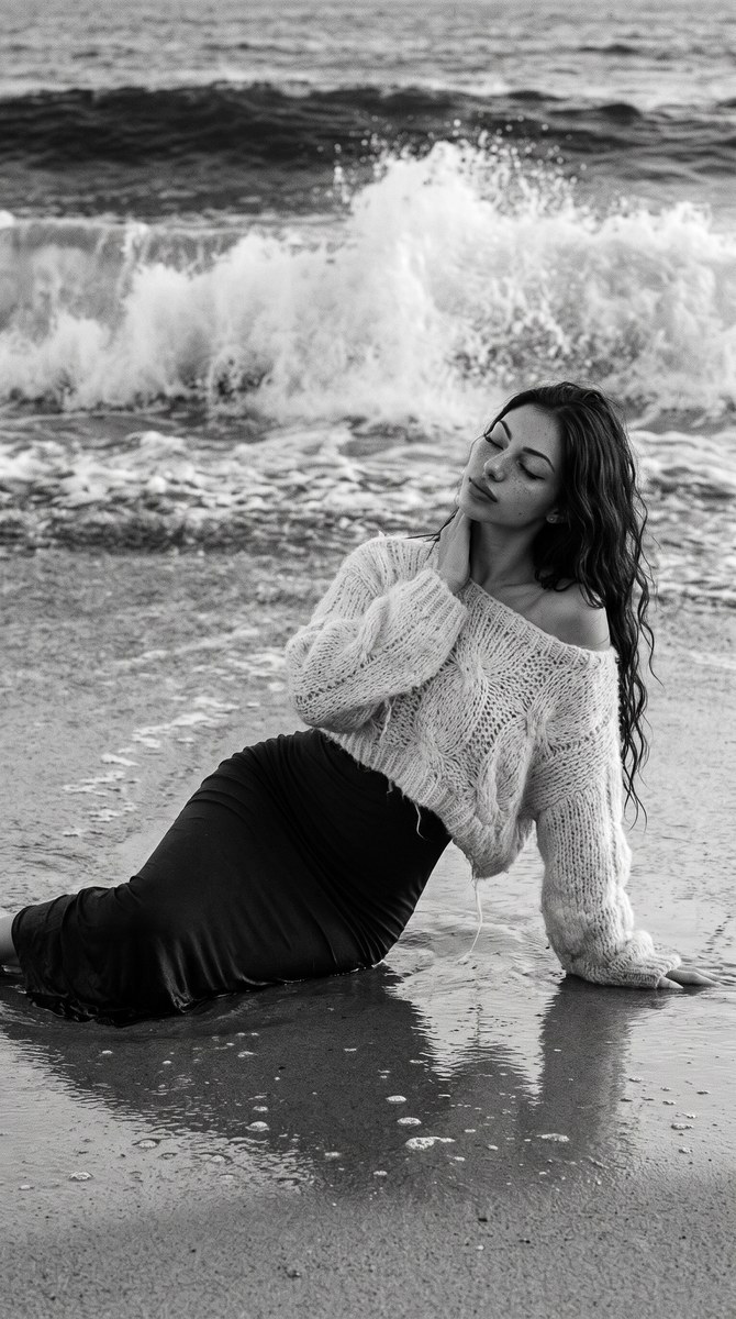 Photorealistic Black-and-White Beach Portrait