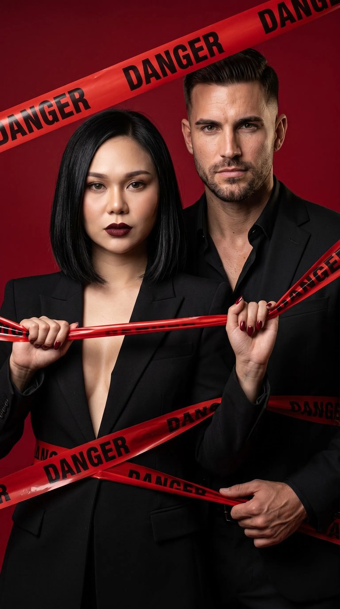 Crimson Danger-Tape Couple Editorial