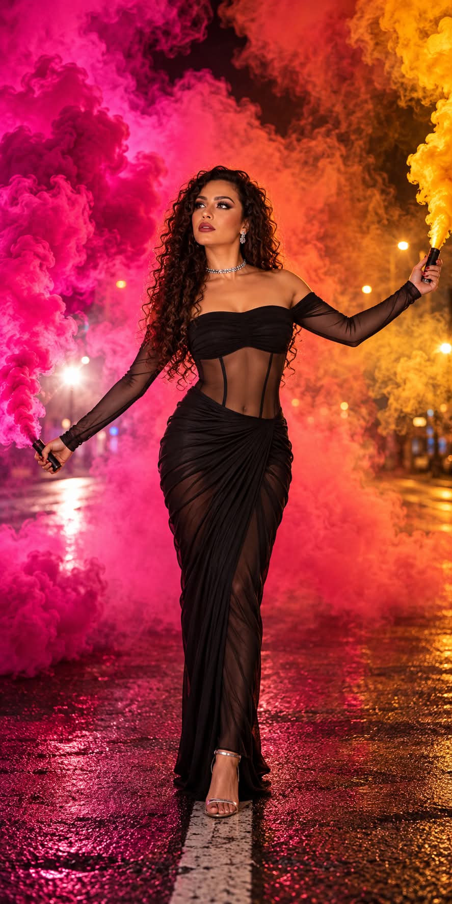 Nighttime Editorial Portrait with Colorful Smoke