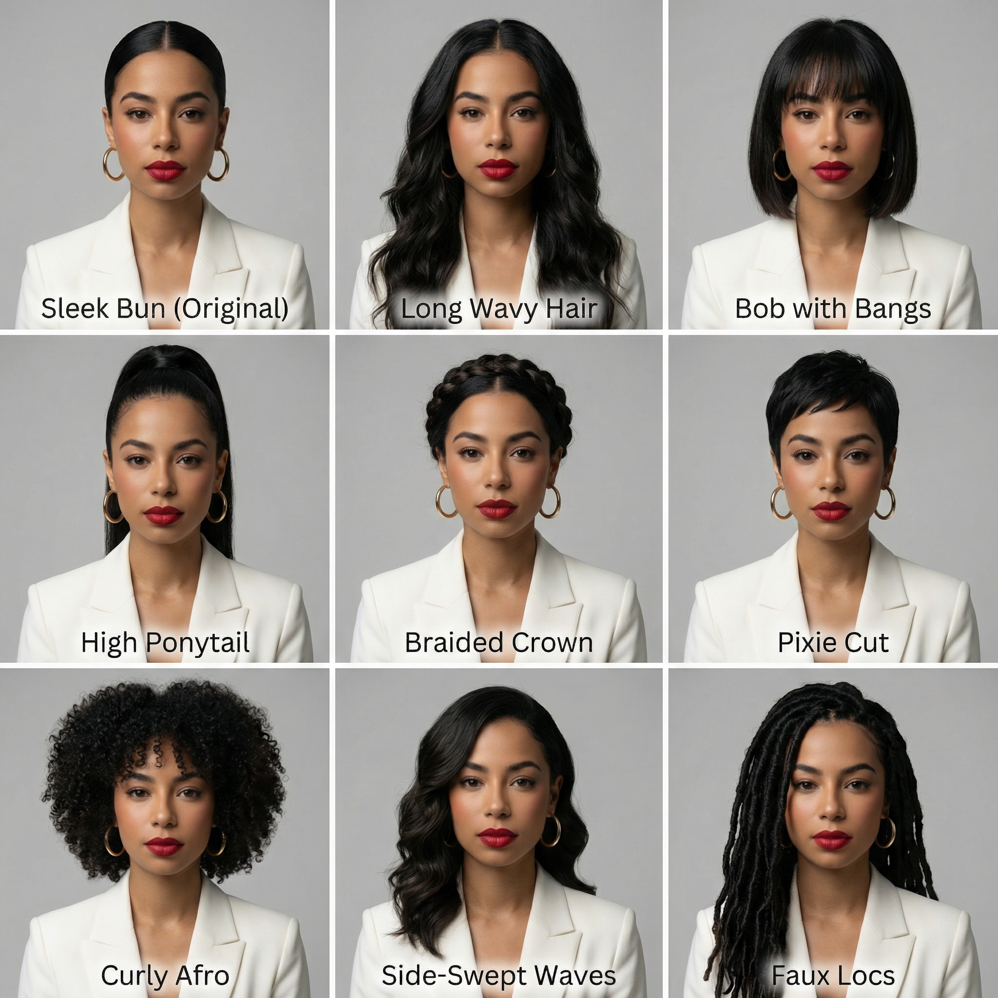 Create a Labeled 3×3 Hairstyle Variation Grid from a Photo