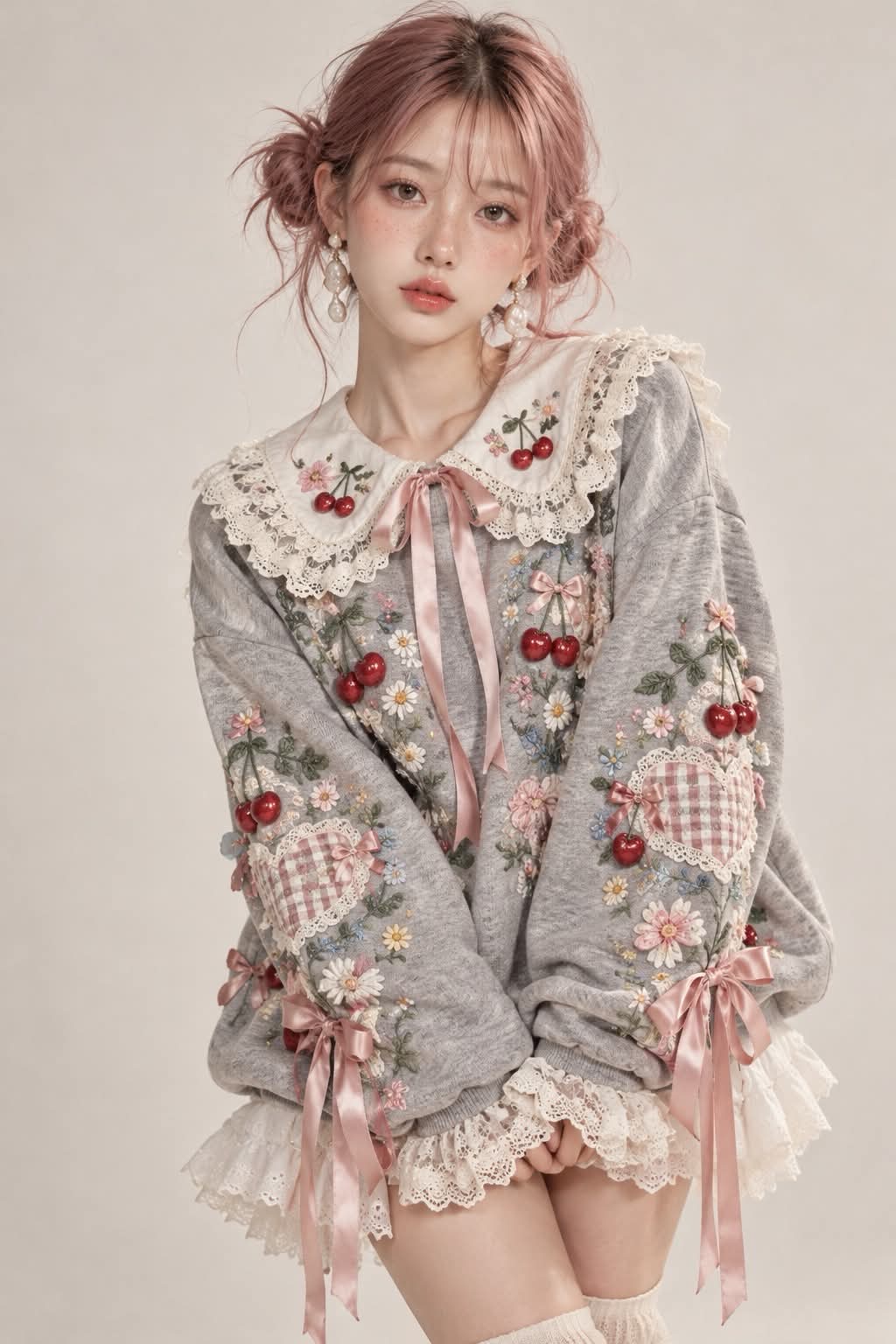 Dusty-Rose Hair and Embroidered Grey Sweatshirt Editorial