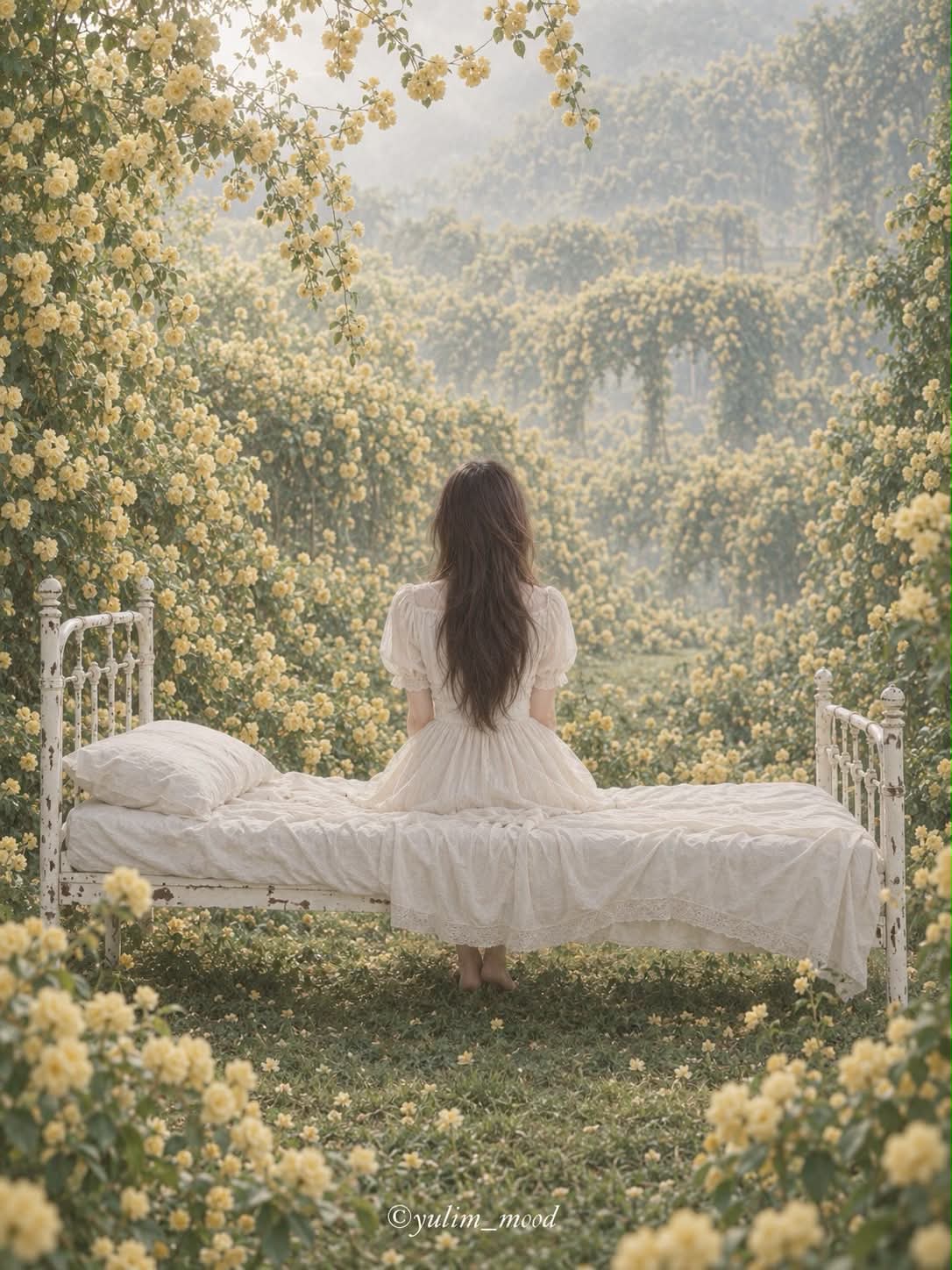 Rear-Facing Woman in a Yellow Banksia-Rose Dream Garden