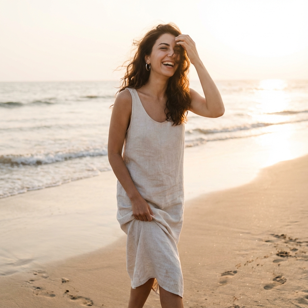 Beach Walk Golden Hour (full-body, travel) output 1