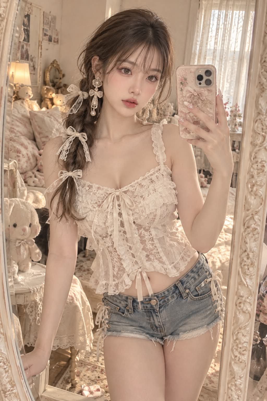 Dreamy Rococo Mirror Selfie in a Cream Bedroom