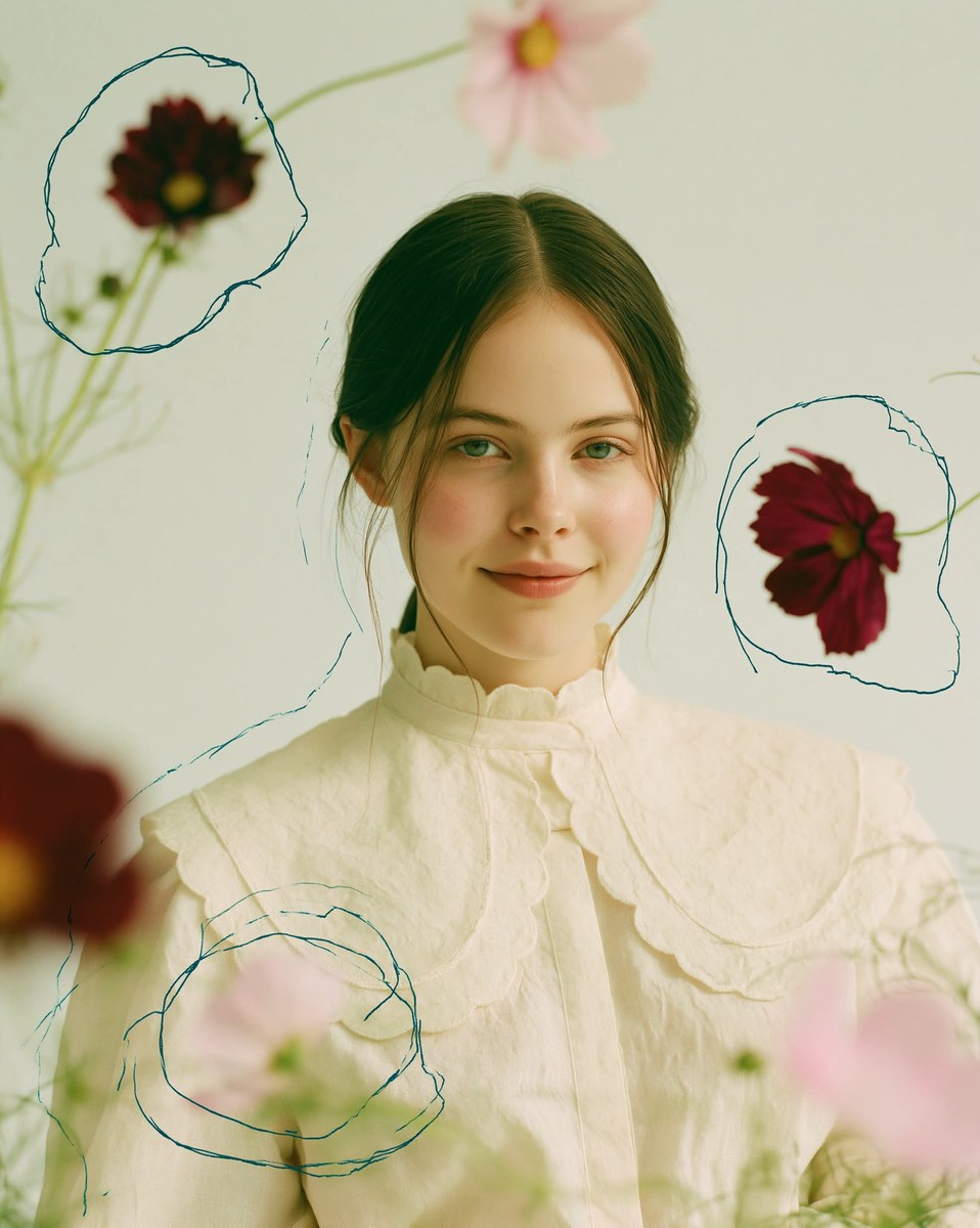 Floral Editorial Portrait with Blue Doodles output 3