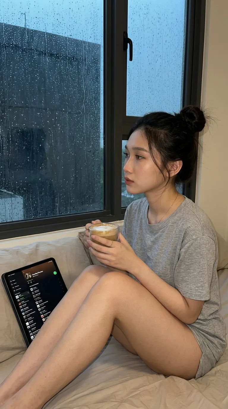Rainy Bedroom Coffee Portrait with Spotify output 2