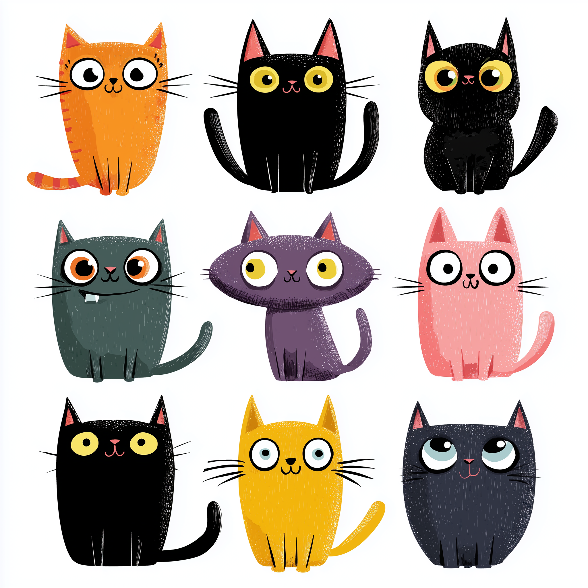 Nine Cute Cartoon Cats in a Clean Grid Layout