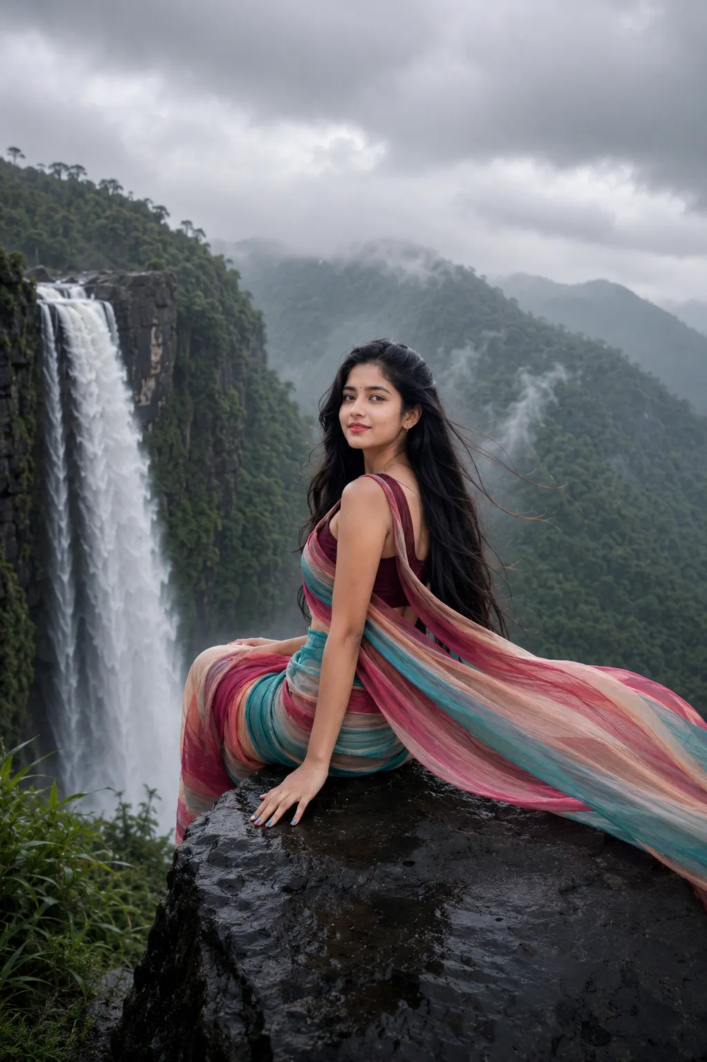 Indian Girl by a Dramatic Waterfall