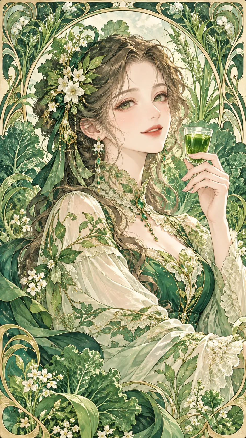 The Emerald Botanical Lady — Art Nouveau Fashion Illustration