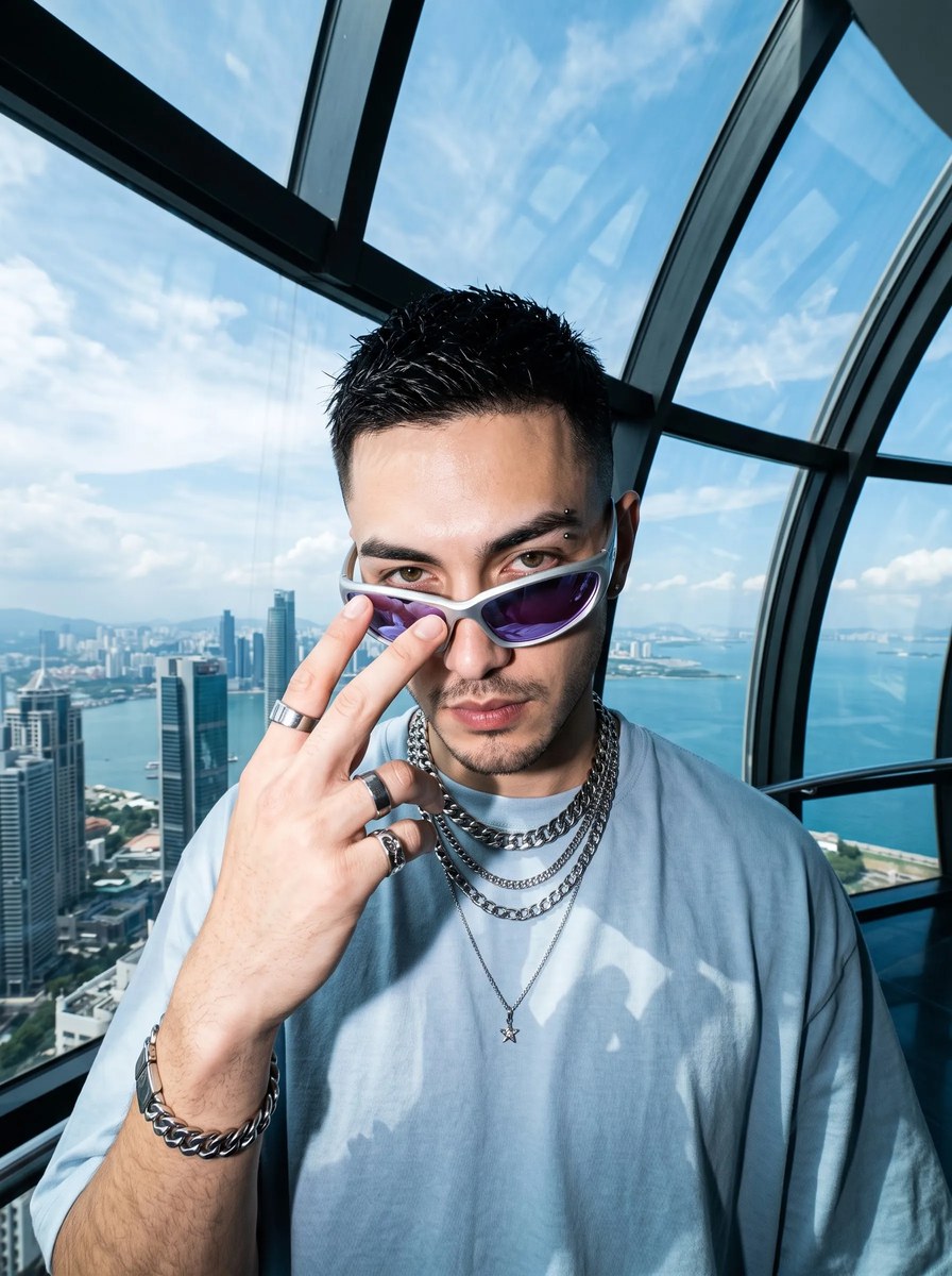 Futuristic Streetwear Portrait with Blue Sky