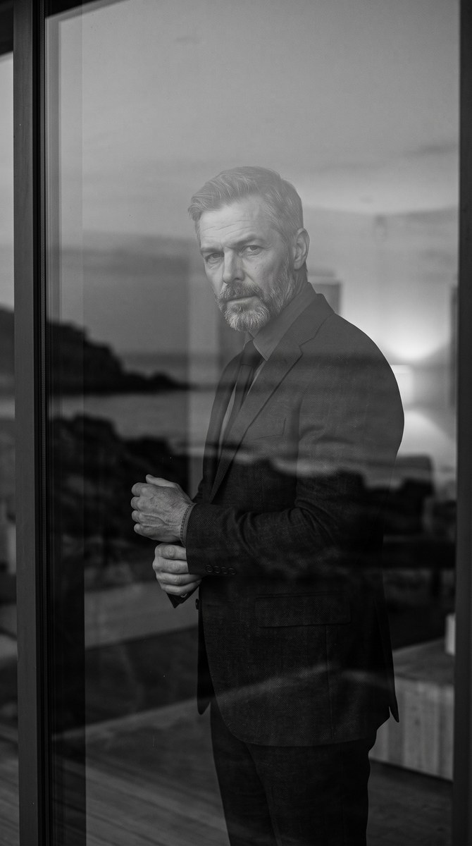 Black-and-White Editorial Portrait Through Glass