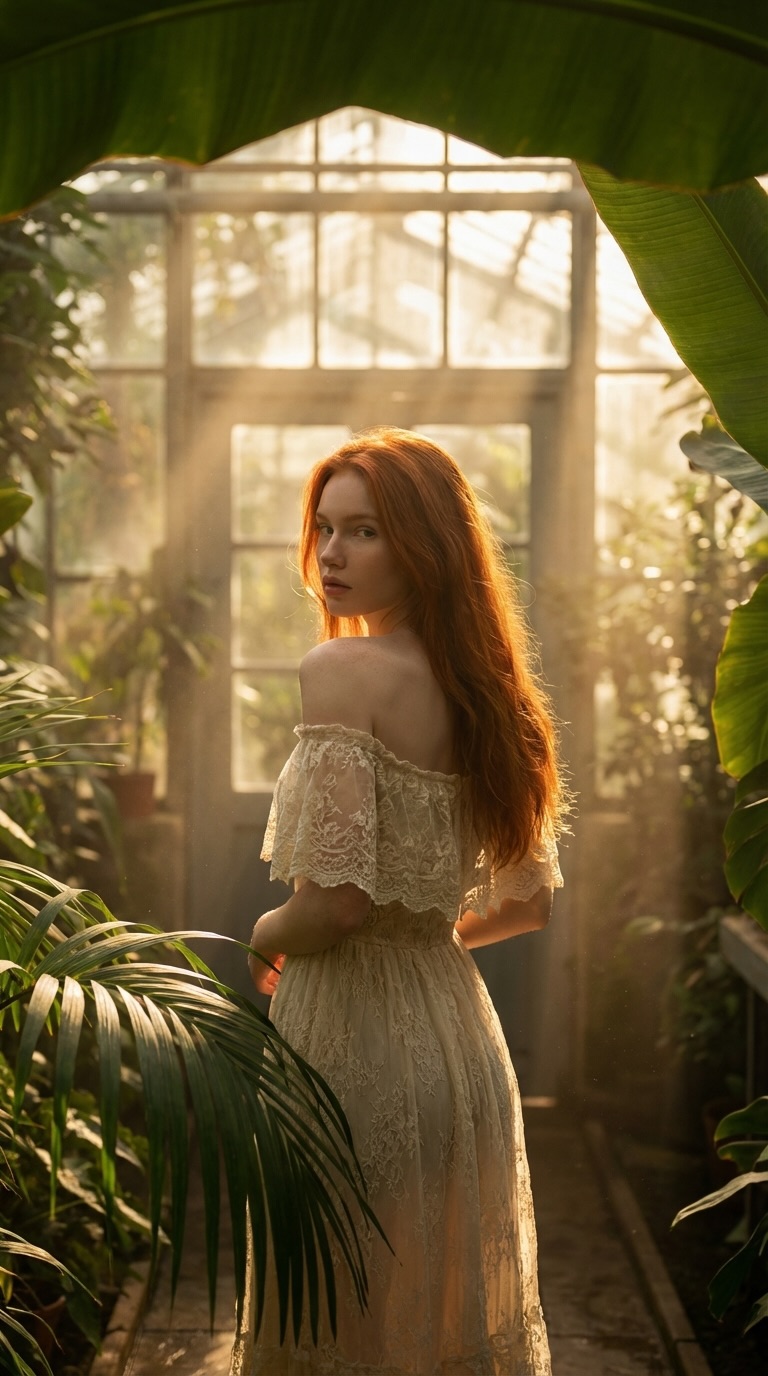 Golden-Light Greenhouse Fashion Portrait output 1