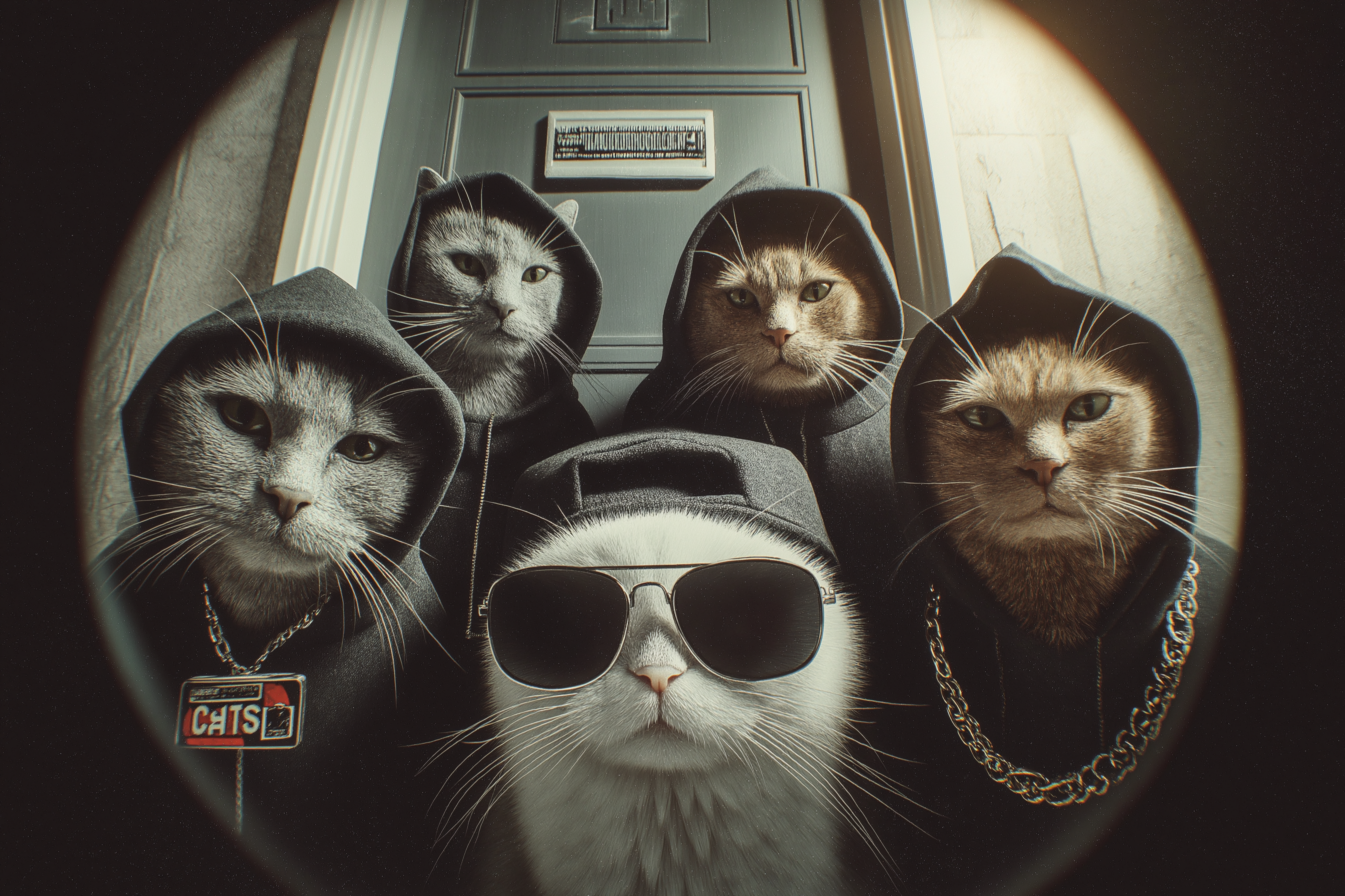 1980s Fisheye Portrait of Cats in Hooded Cloaks at a Door