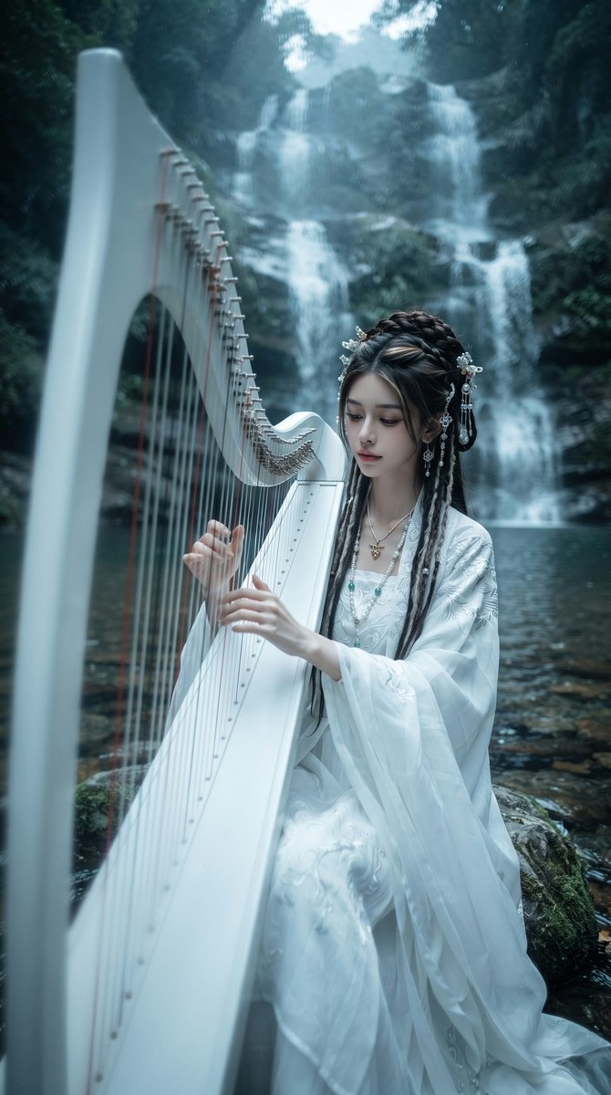 Young Woman Playing a Harp in a Misty Forest